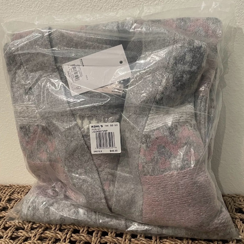 WOMENS LONG DUSTER CARDIGAN FAIR ISLE LIGHTWEIGHT WINTER SWEATER SMALL GRAY COZY